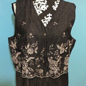 Susan Bristol Woman's Maxi Denim Dress Grey Floral Print GUC Size 12 Sleeveless